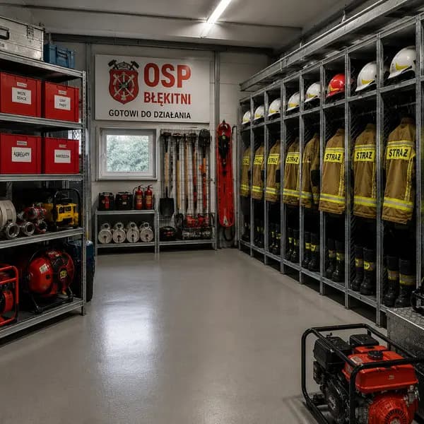 Wnetrze straznicy OSP - mundury STRAZ, sprzet, agregaty, OSP BLEKITNI Gotowi do dzialania
